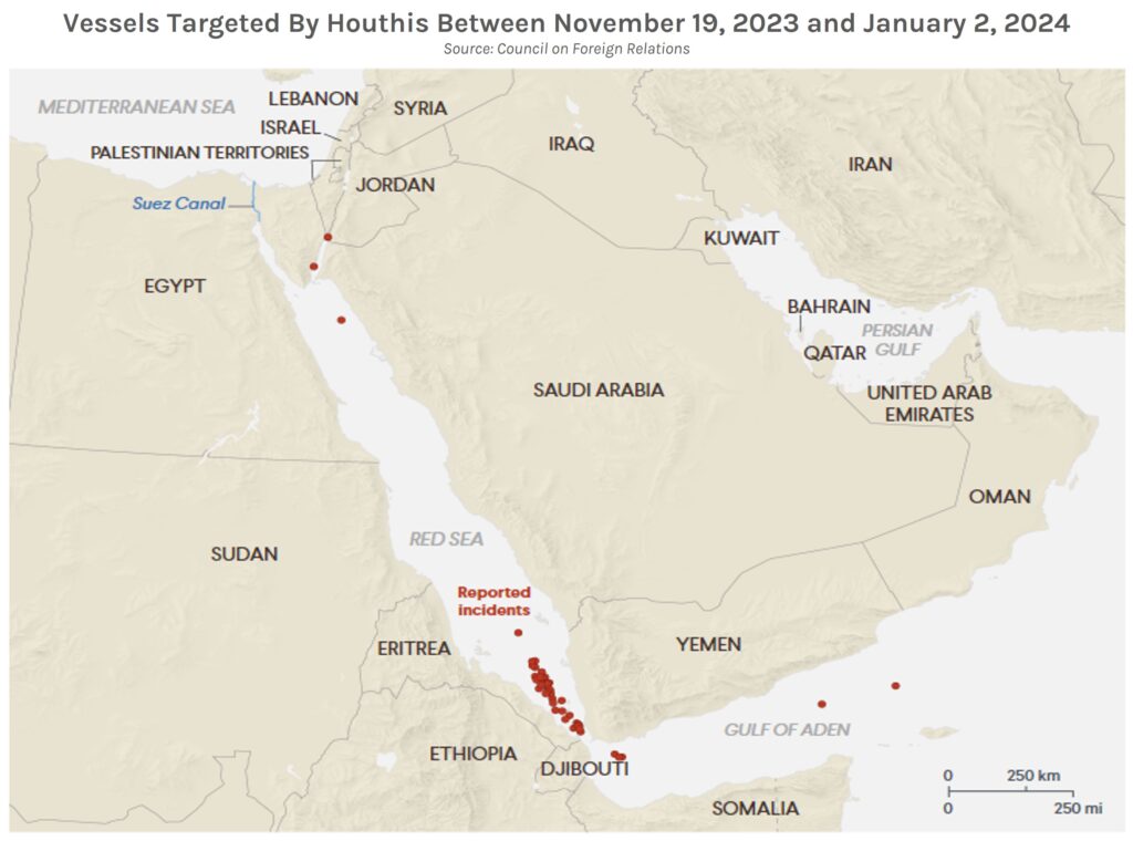 Map of vessels targeted by Houthis between November 19 2023 and January 2 2024